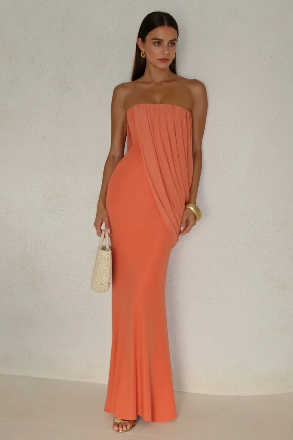 Strapless Diagonal Drape Panel Pleated Overlay Column Maxi Gown 3