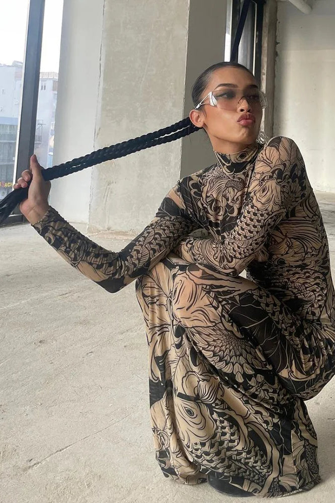 Mock Neck Long Sleeve Koi Fish Tattoo Print Mesh Bodycon Maxi Dress 5
