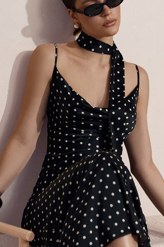 Cowl Neck Polka Dot Neck Scarf Spaghetti Strap Bodycon Midi Dress 4