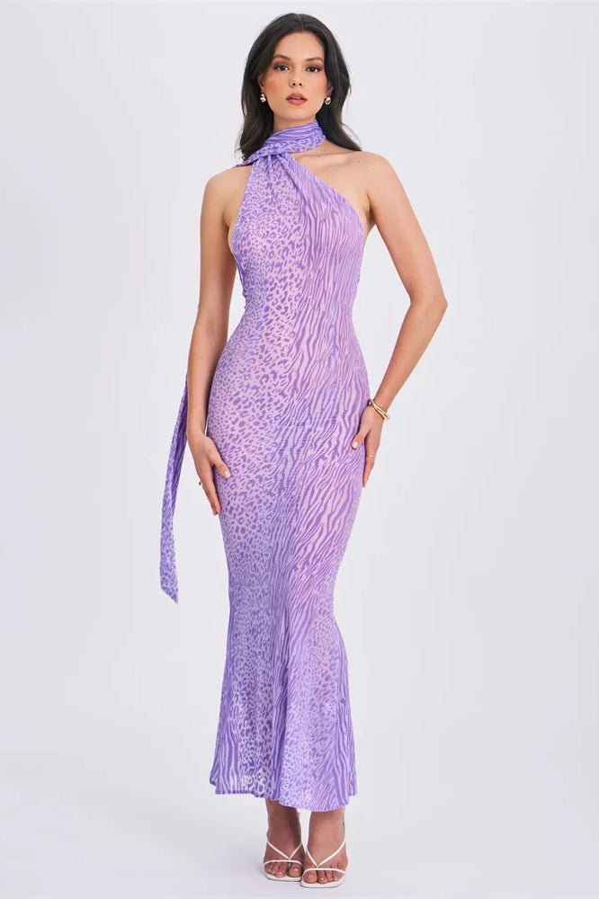 Halter Neck Scarf Tie Mixed Print Bodycon Mermaid Maxi Dress