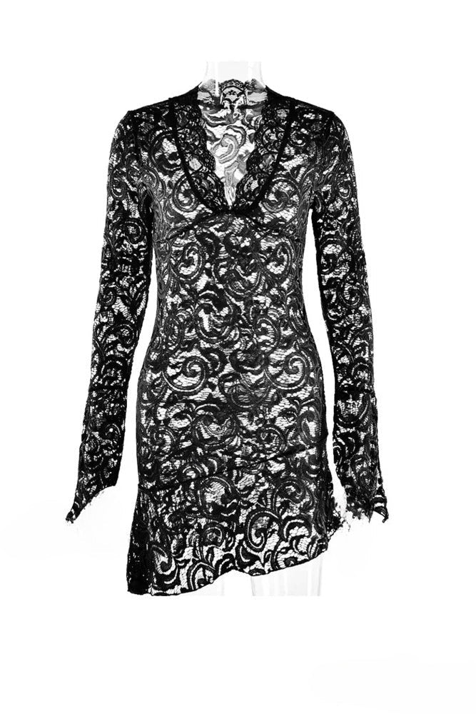 Floral Lace Deep V-Neck Bell Sleeve Asymmetric Ruffle Hem Mini Dress 11