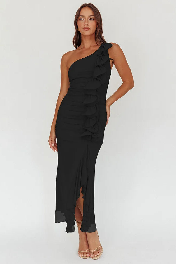One Shoulder Ruched Vertical Ruffle Front High Split Midi Dress 5