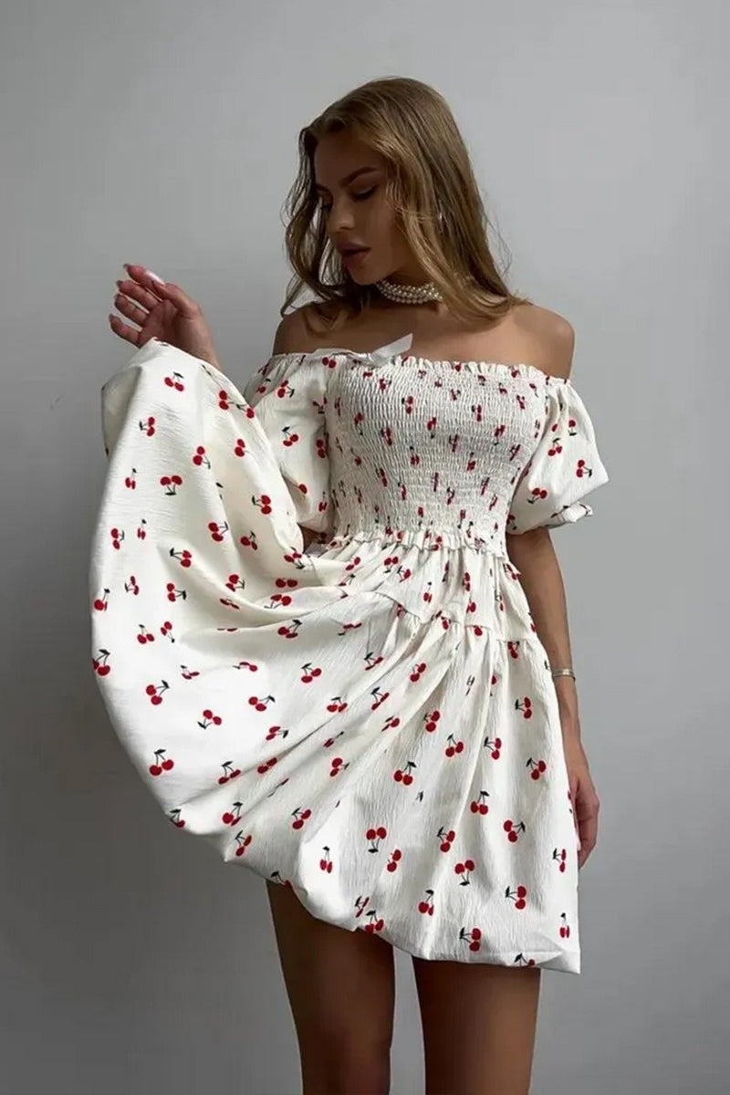 Fruit Print Smocked Off Shoulder Puff Sleeve Tiered Mini Dress