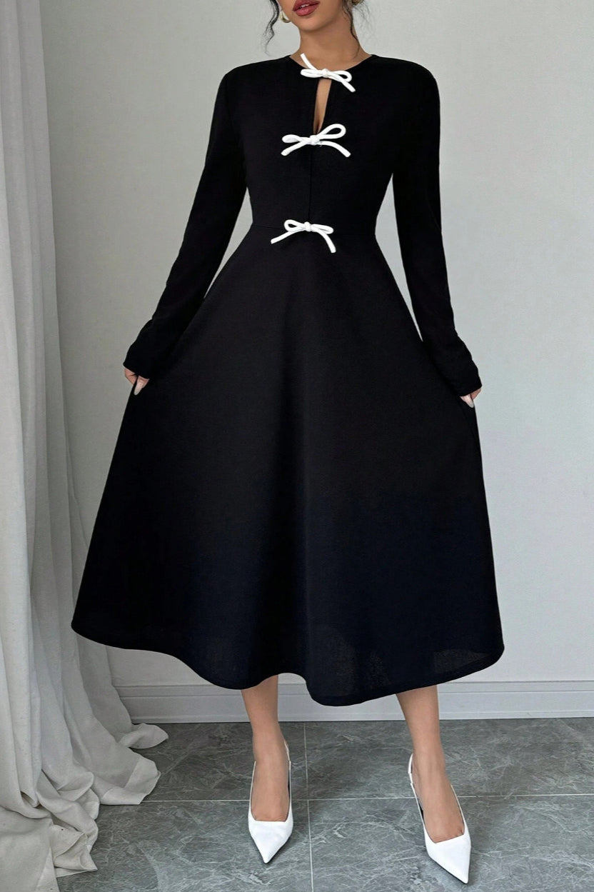 Black Long Sleeve Bow Detail Fit and Flare Midi Dress