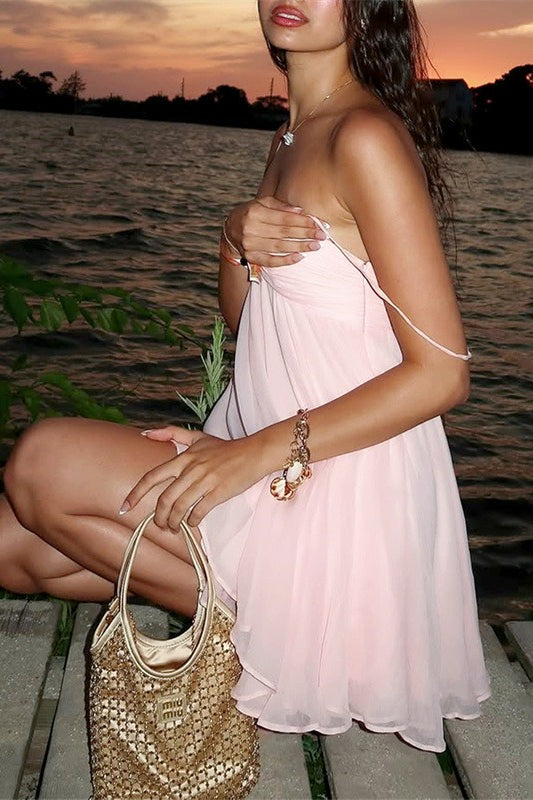 Chiffon Gathered Sweetheart Spaghetti Strap Lettuce Hem Babydoll Mini Dress 3