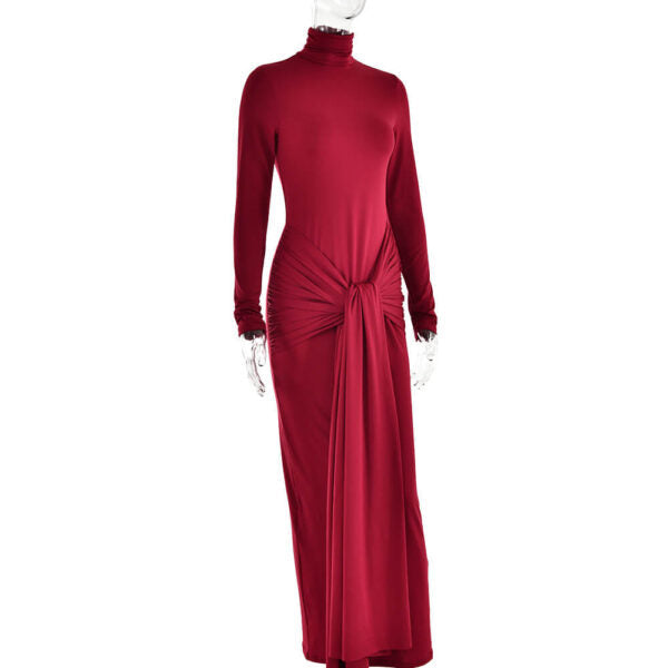 Long Sleeve Mock Neck Front Knot Draped Train Maxi Dress 6
