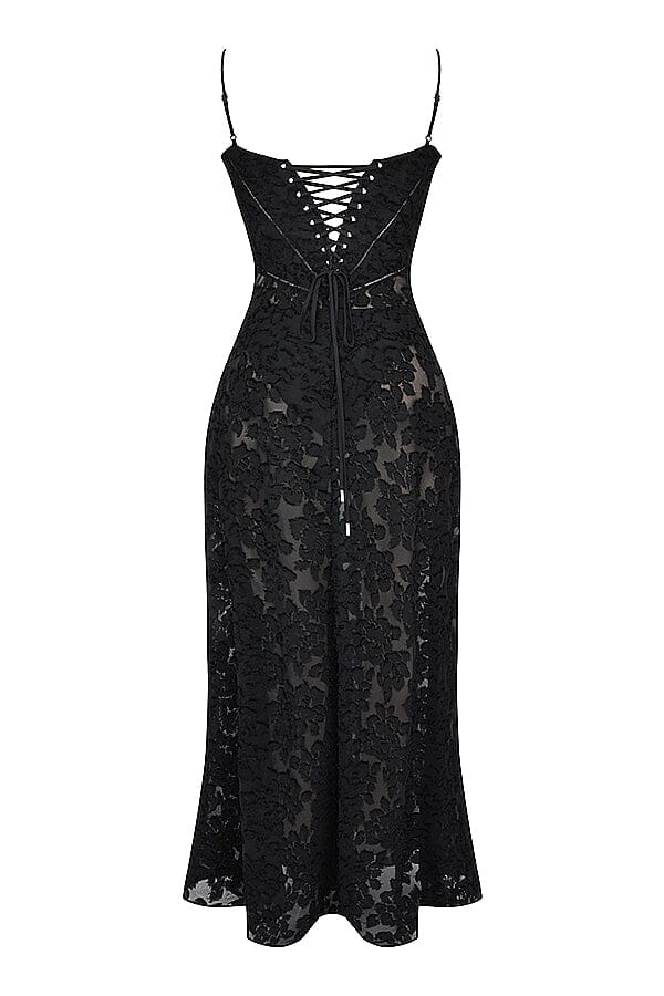 Floral Jacquard Spaghetti Strap Lace Up Corset Back Fit and Flare Maxi Dress 13