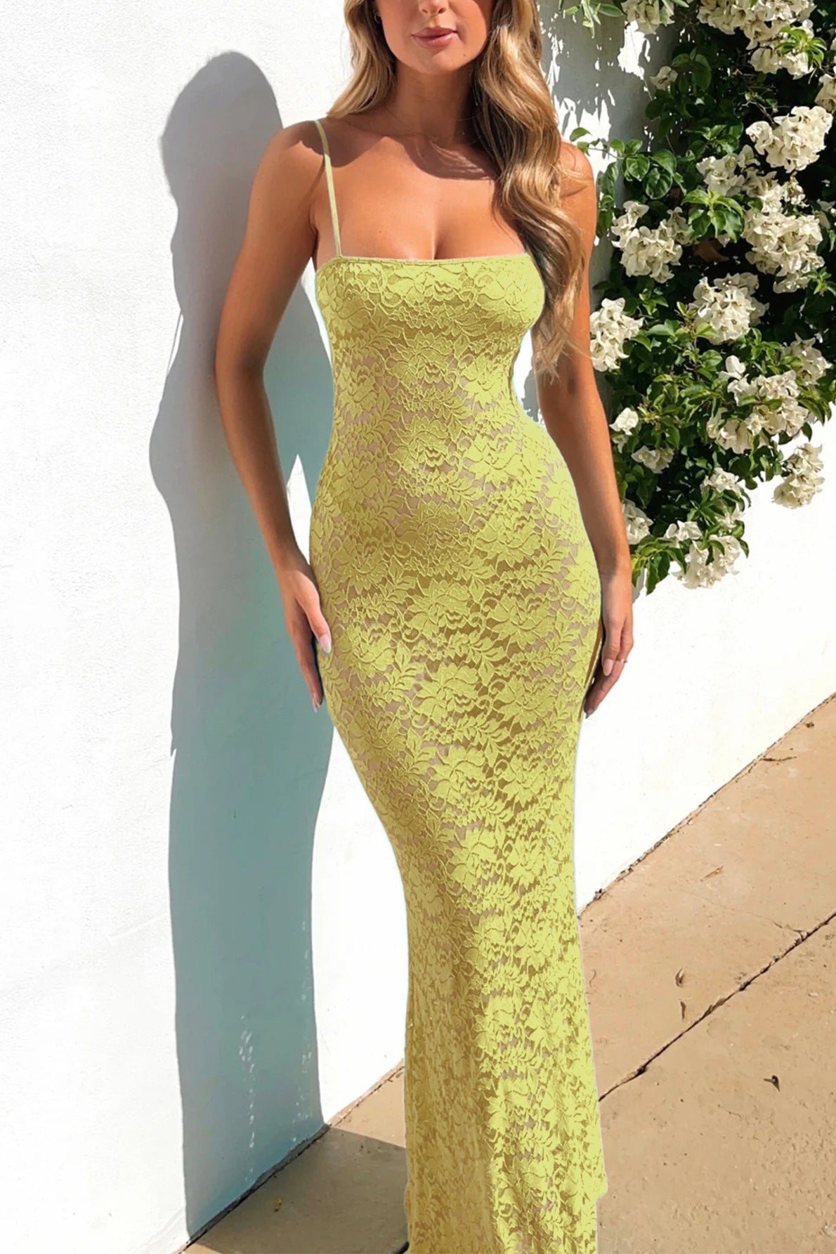 Lace Square Neck Spaghetti Strap Bodycon Maxi Dress 7