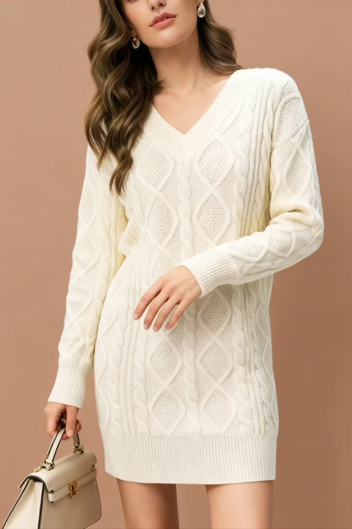 Cable Knit Diamond Pattern V-Neck Long Sleeve Sweater Mini Dress 6