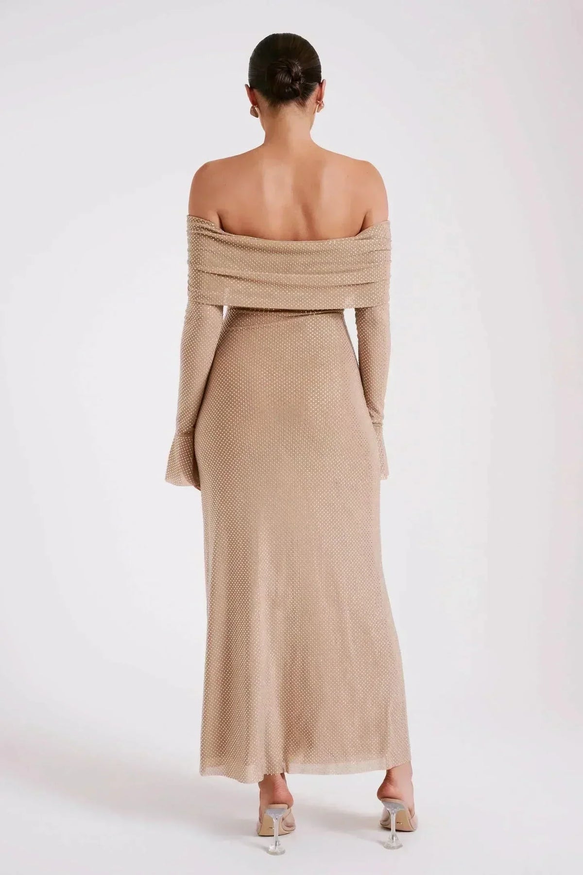 Off-Shoulder Fold-Over Bardot Bell Sleeve Shimmer Bodycon Maxi Dress 5