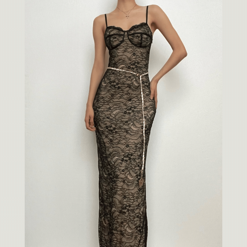 Floral Lace Bustier Spaghetti Strap Chain Belt Back Slit Maxi Dress