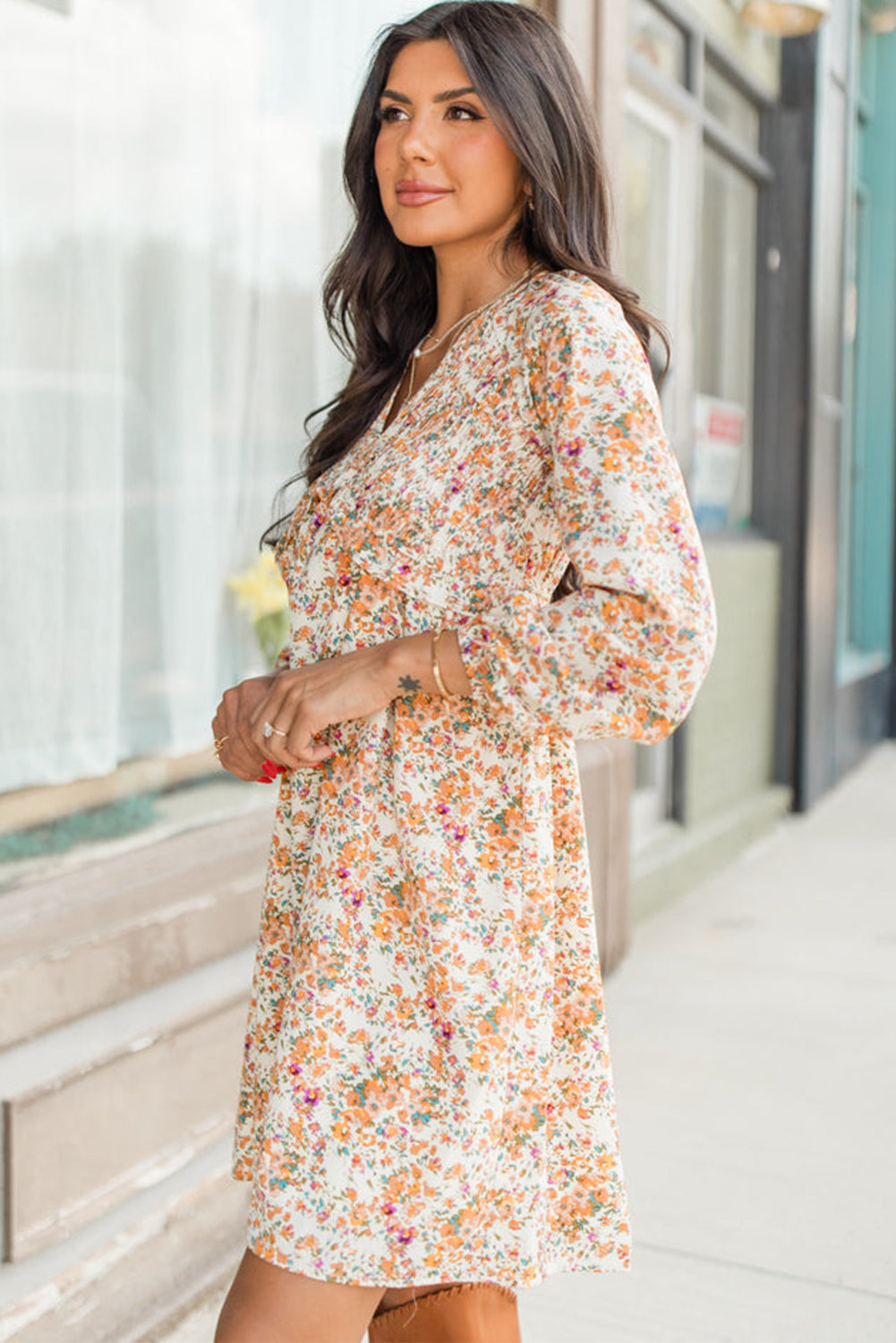 Ditsy Floral Print Surplice V-Neck Balloon Sleeve Empire Waist Mini Dress 3