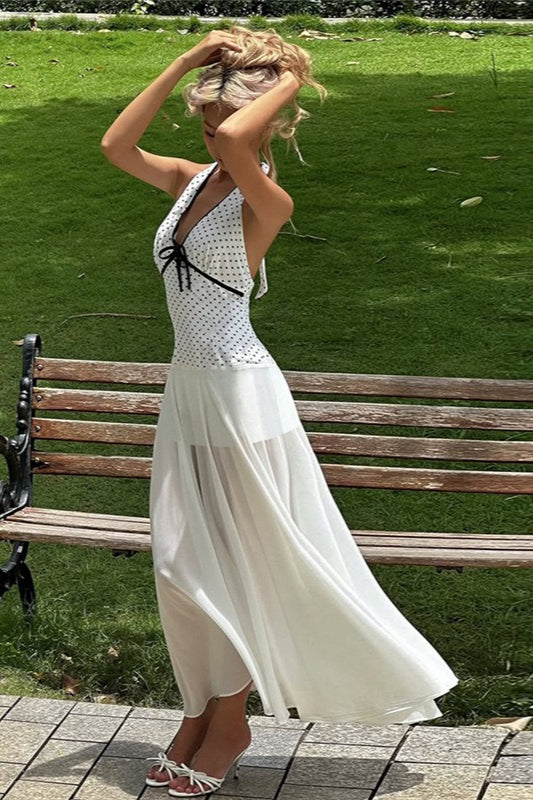 Polka Dot Halter Neck Deep V-Neck Bow Tie Sheer Overlay Maxi Dress 2