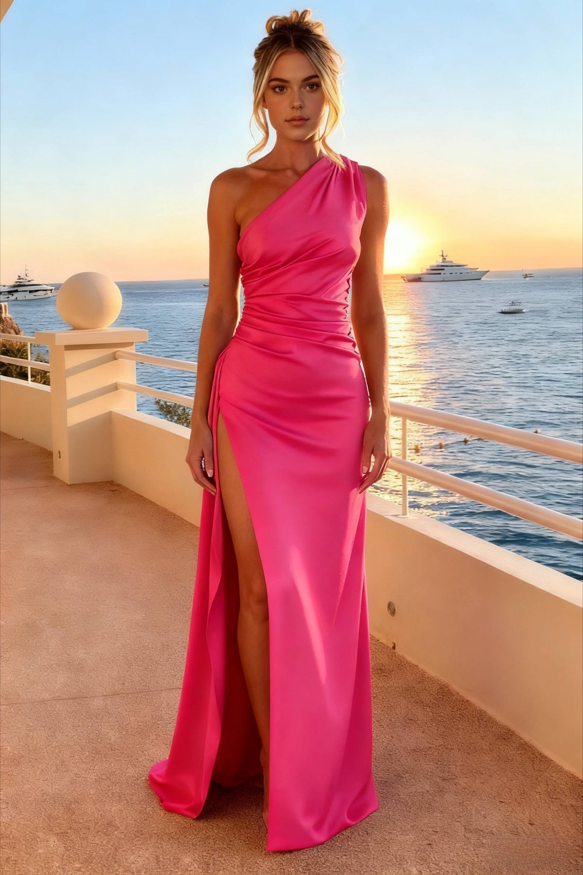 Satin One Shoulder Ruched Waist High Split Maxi Dress 5