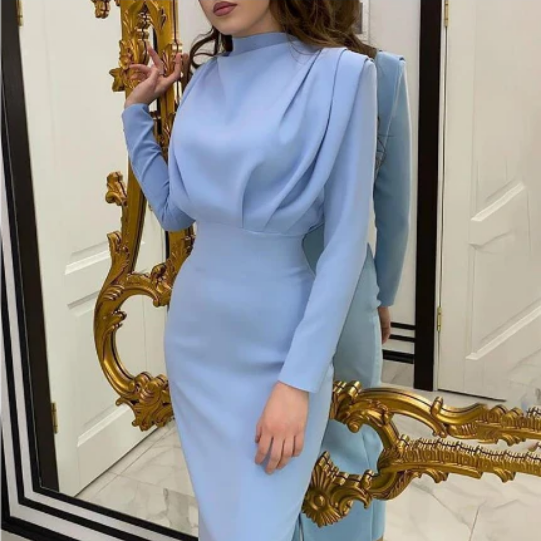 Mock Neck Draped Bodice Long Sleeve Bodycon Midi Dress 2