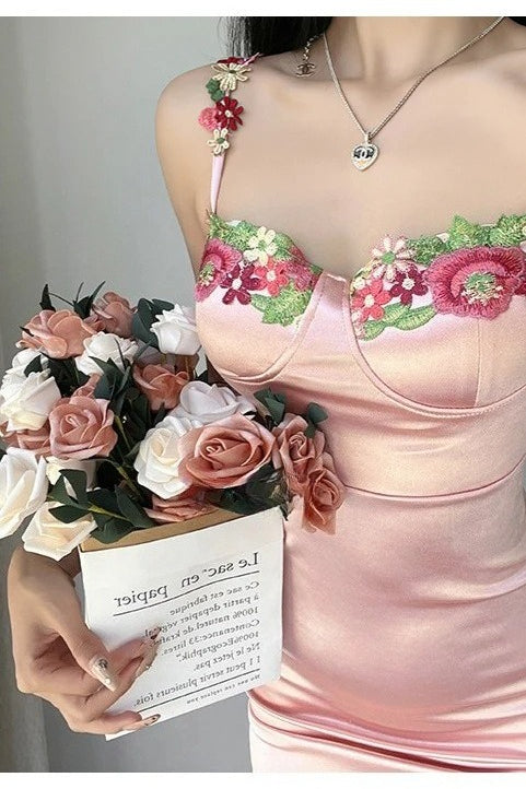 Sweetheart Bustier Floral Embroidery Spaghetti Strap Ruched Satin Bodycon Mini Dress 2