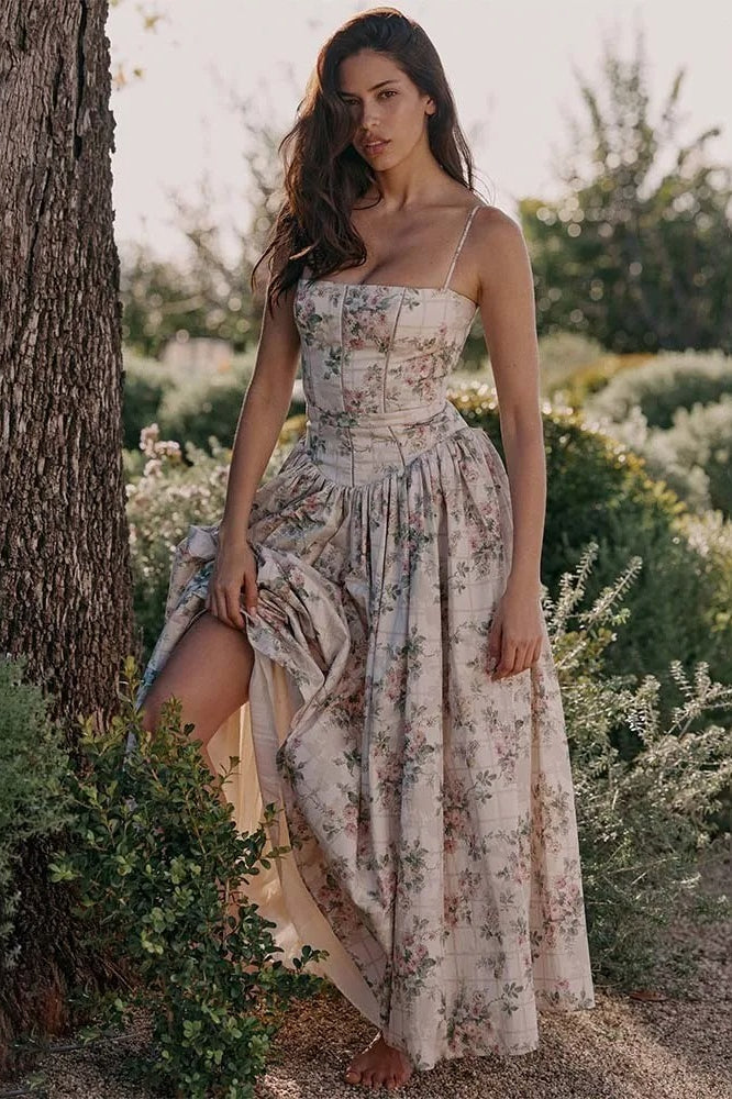 Square Neck Corset Bodice Dropped Waist Floral Ribbon Print Maxi Dress 2