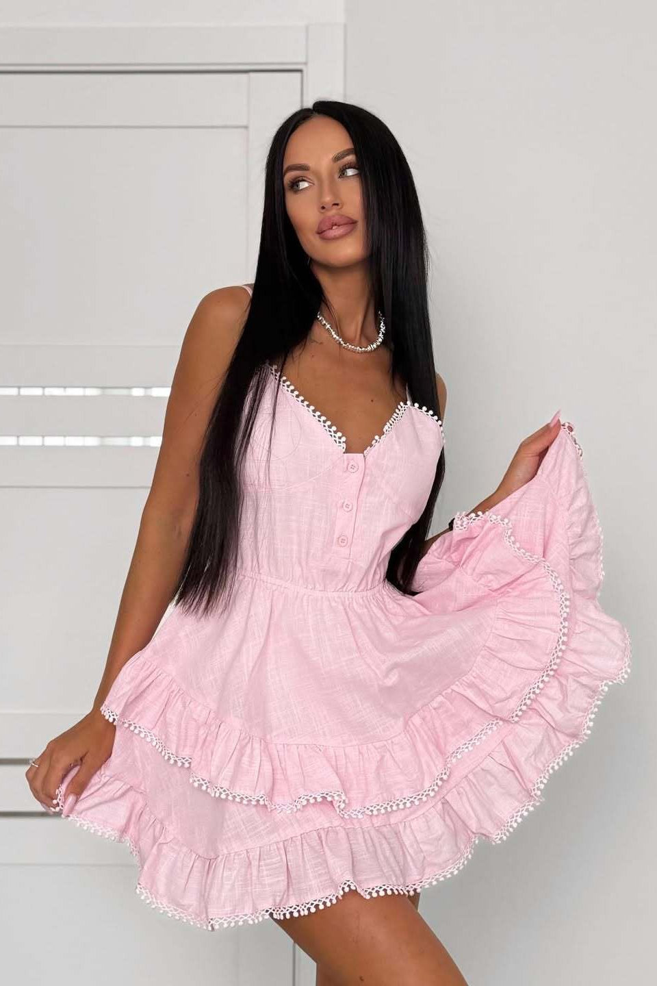 V Neck Button Front Pom Pom Trim Tiered Ruffle Mini Dress