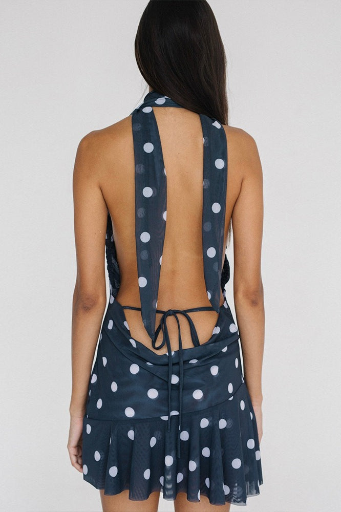 Blue Halter Cowl Neck Scarf Tie Polka Dot Mesh Mini Dress 4