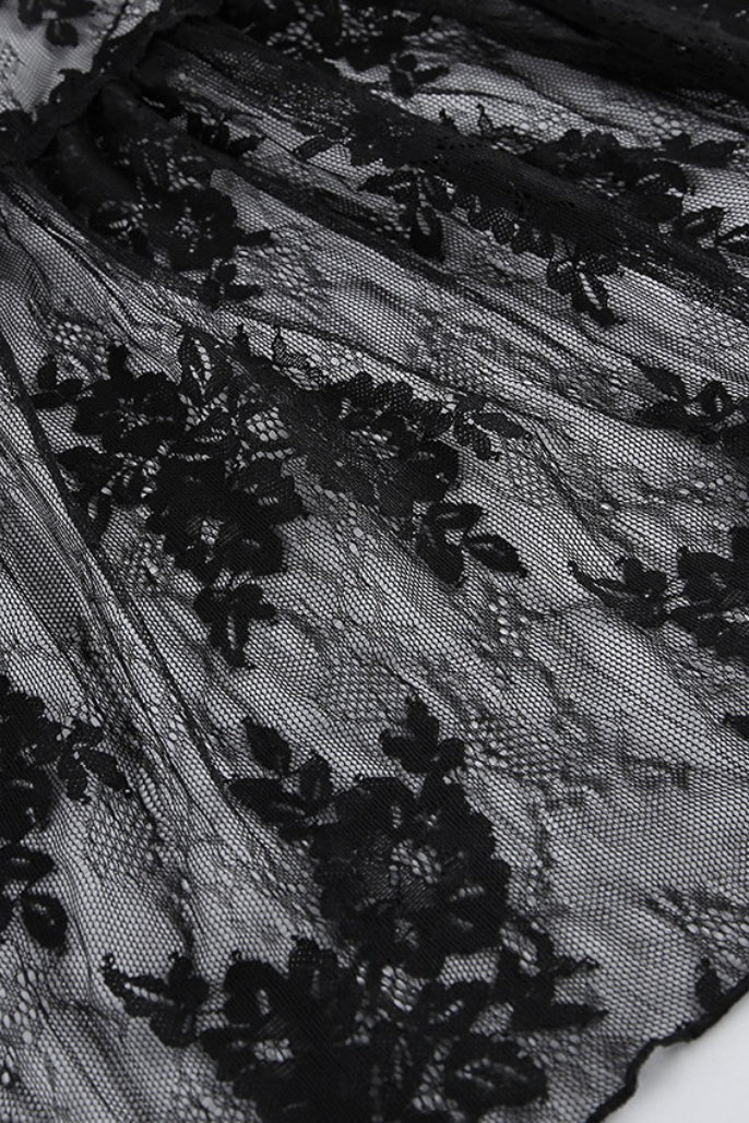 Black Square Neck Ruffle Trim Sheer Lace Ribbon Tie Maxi Dress 7