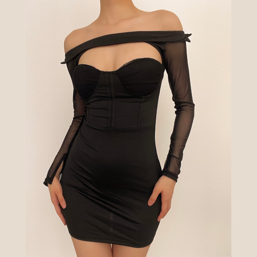 Off Shoulder Corset Sweetheart Mesh Long Sleeve Bodycon Mini Dress