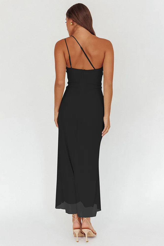 One Shoulder Ruched Vertical Ruffle Front High Split Midi Dress 6