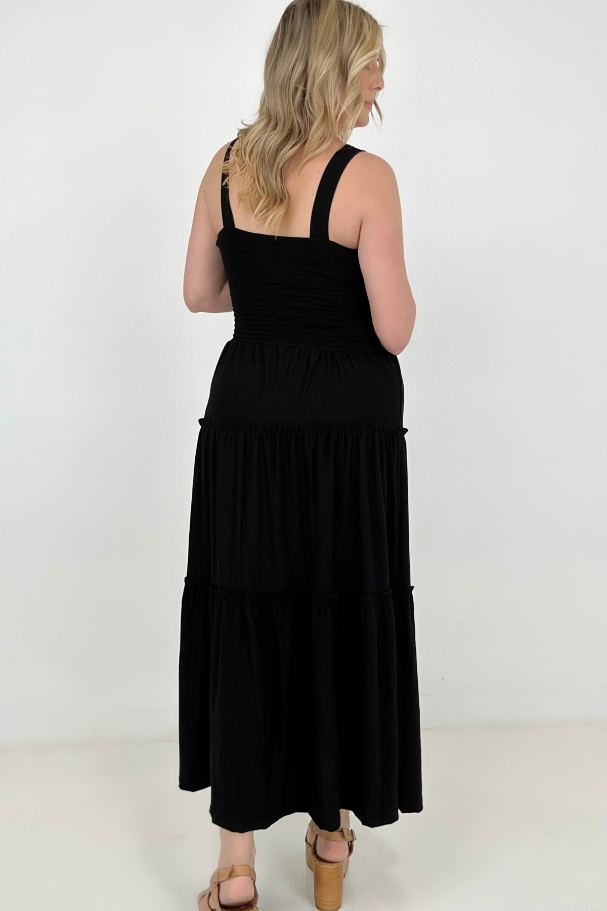 Square Neck Smocked Bodice Tiered Ruffle Maxi Dress 10