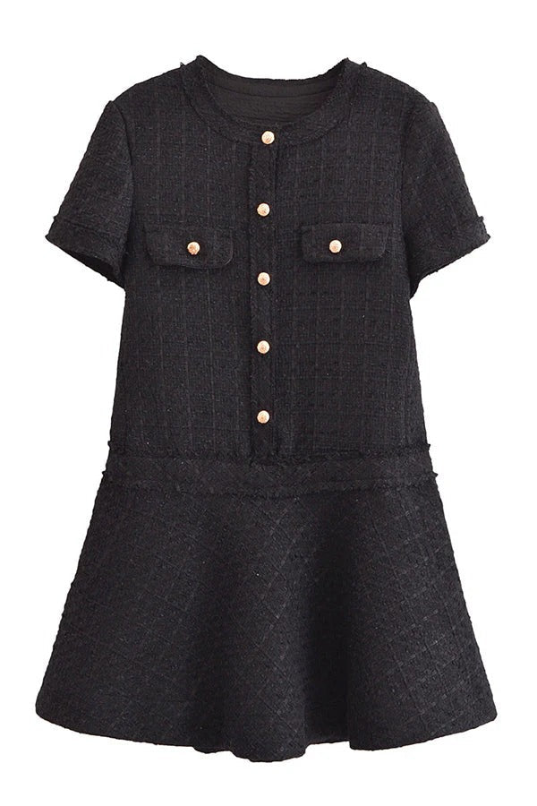 Metal Button Short Sleeve Round Neck Tweed Fit-and-Flare Mini Dress 14