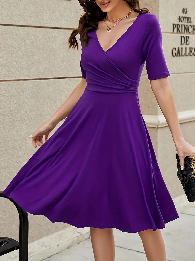 Short Sleeve Surplice V-Neck Fit and Flare Knee-Length Midi Dress 3