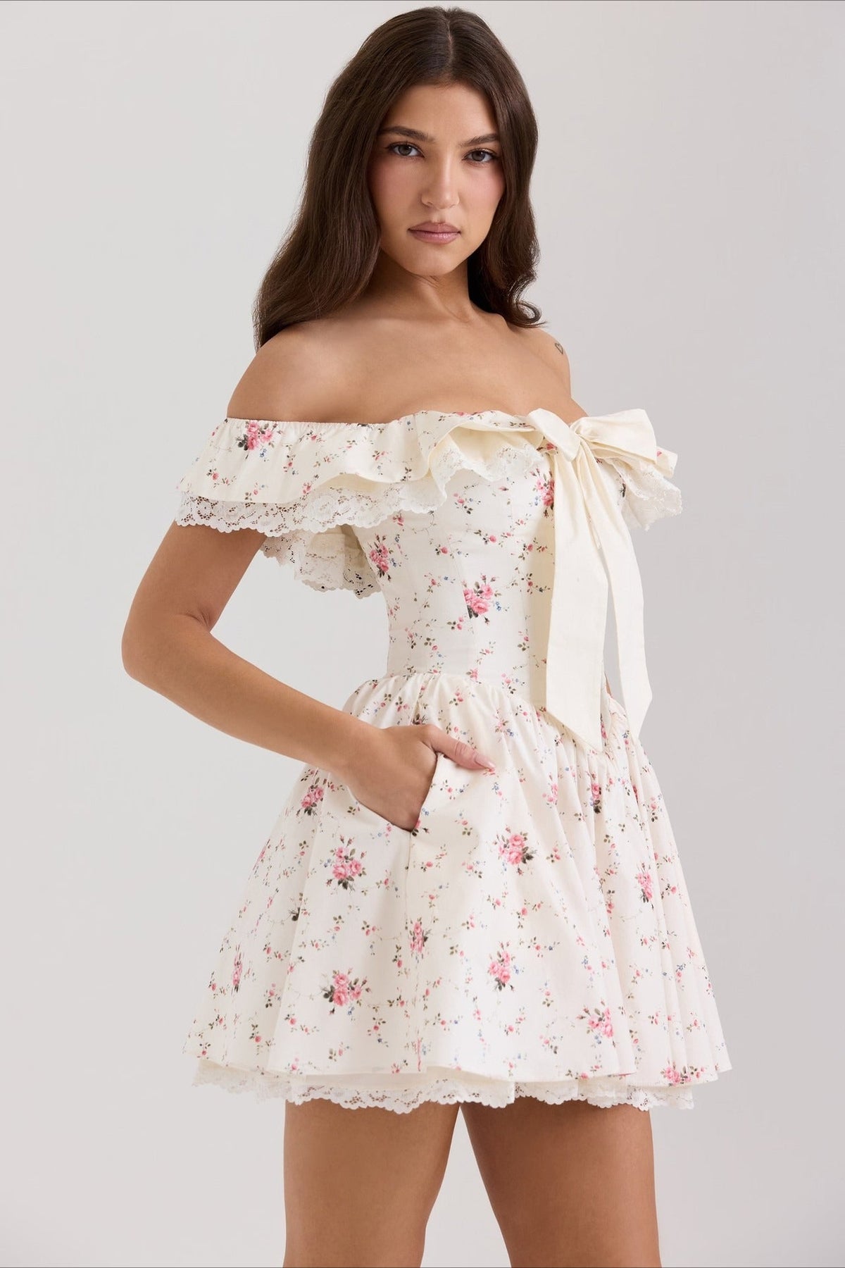 Off Shoulder Lace Trim Ribbon Bow Corset Bodice Floral Print Mini Dress 3