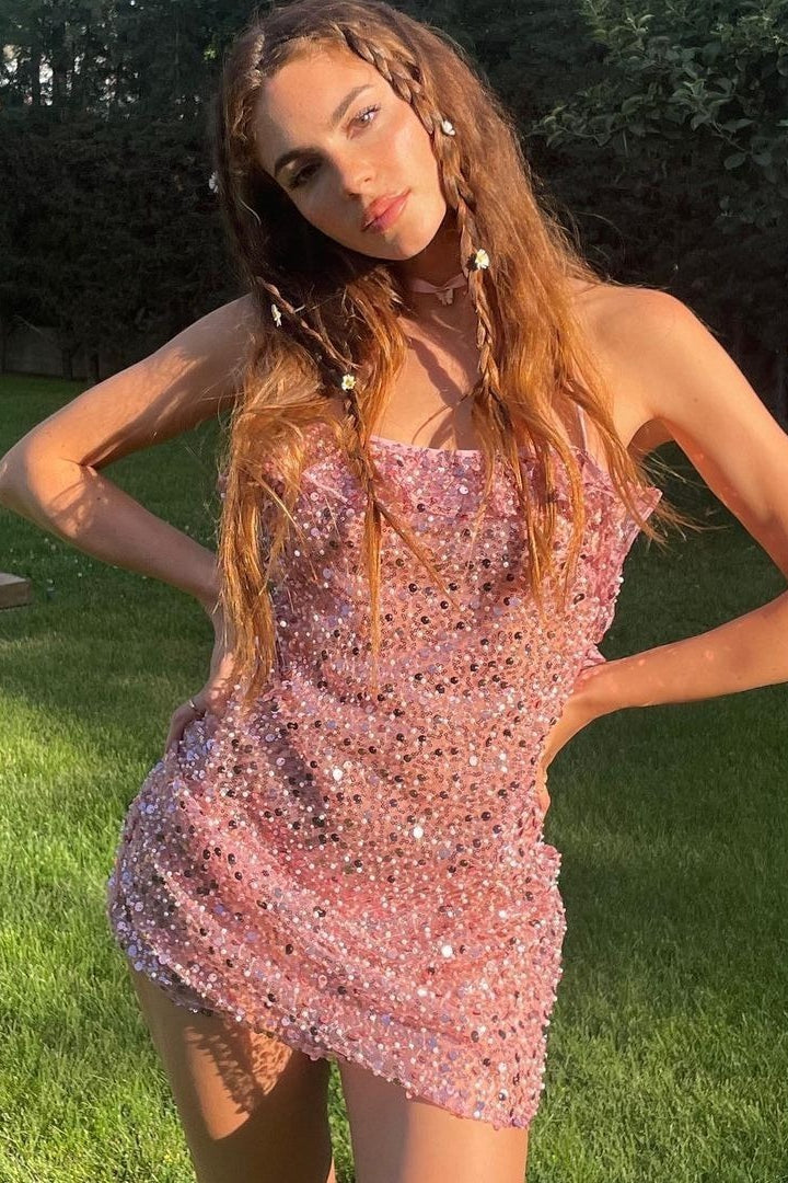 Spaghetti Strap Lettuce Edge Neckline Sequin Bodycon Mini Dress 2