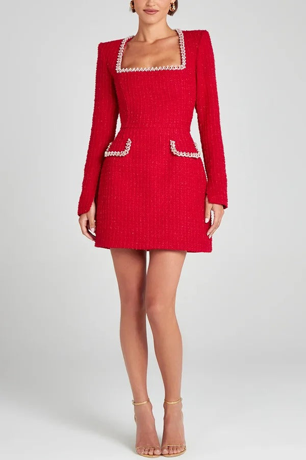 Tweed Square Neck Pearl Trim Long Sleeve Mini Dress 6