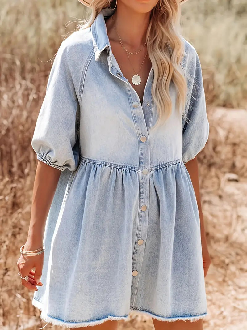 Denim Button-Down Collar Puff Sleeve Empire Waist Frayed Hem Babydoll Mini Dress 2