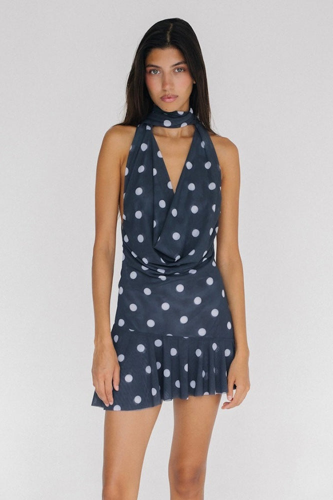 Blue Halter Cowl Neck Scarf Tie Polka Dot Mesh Mini Dress