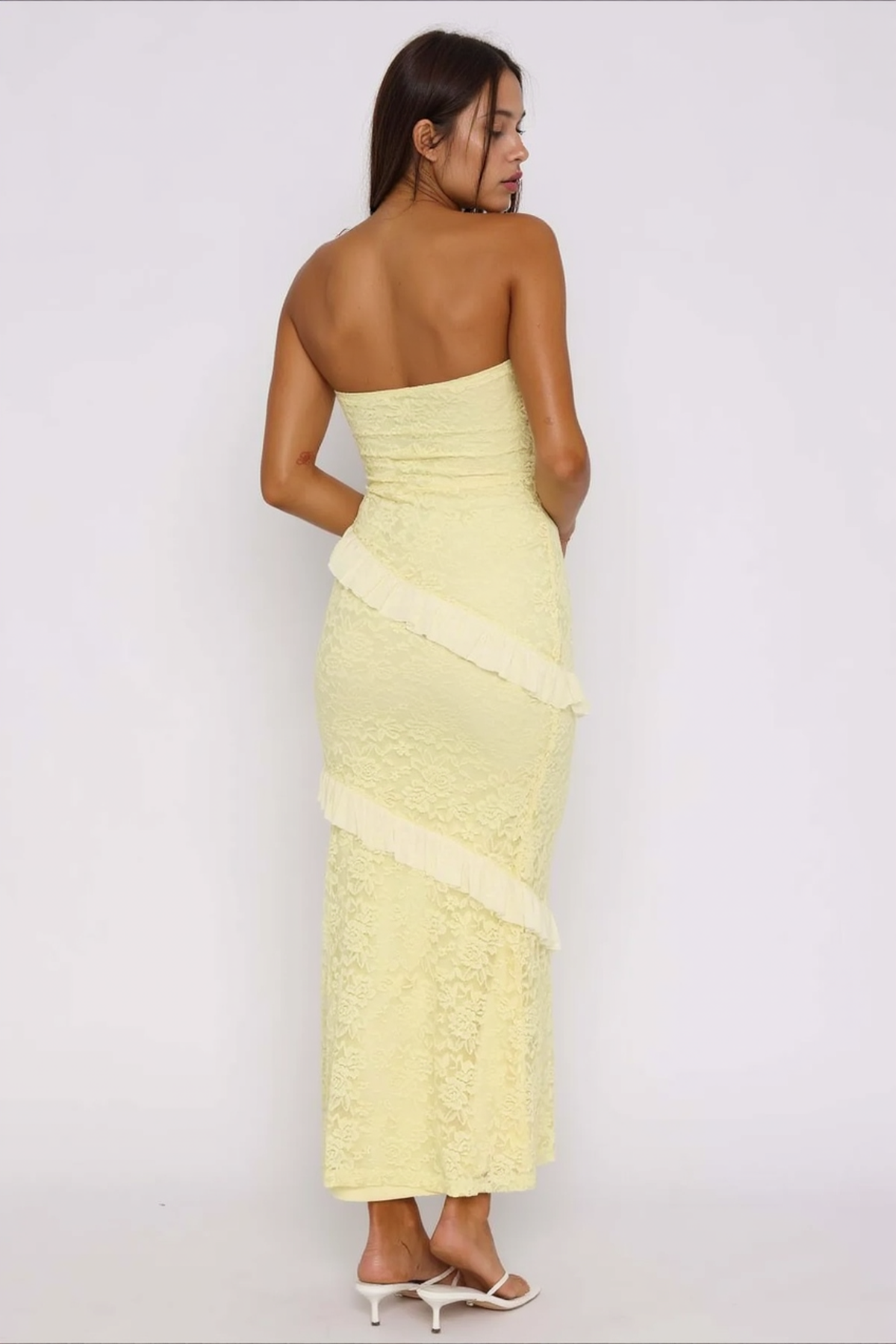Strapless Diagonal Ruffle Overlay Floral Lace Bodycon Midi Dress 7