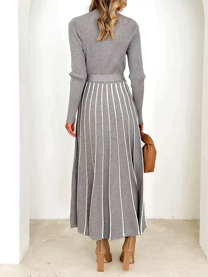 Mock Neck Long Sleeve Rib Knit Tie Waist Striped Flared Midi Dress 3