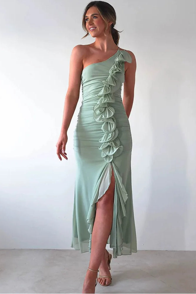 One Shoulder Ruched Vertical Ruffle Front High Split Midi Dress
