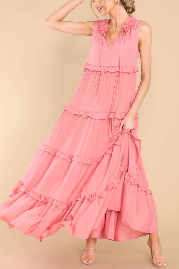 Ruffle Collar V-Neck Tie Strap Tiered Floor-Length Maxi Dress 5