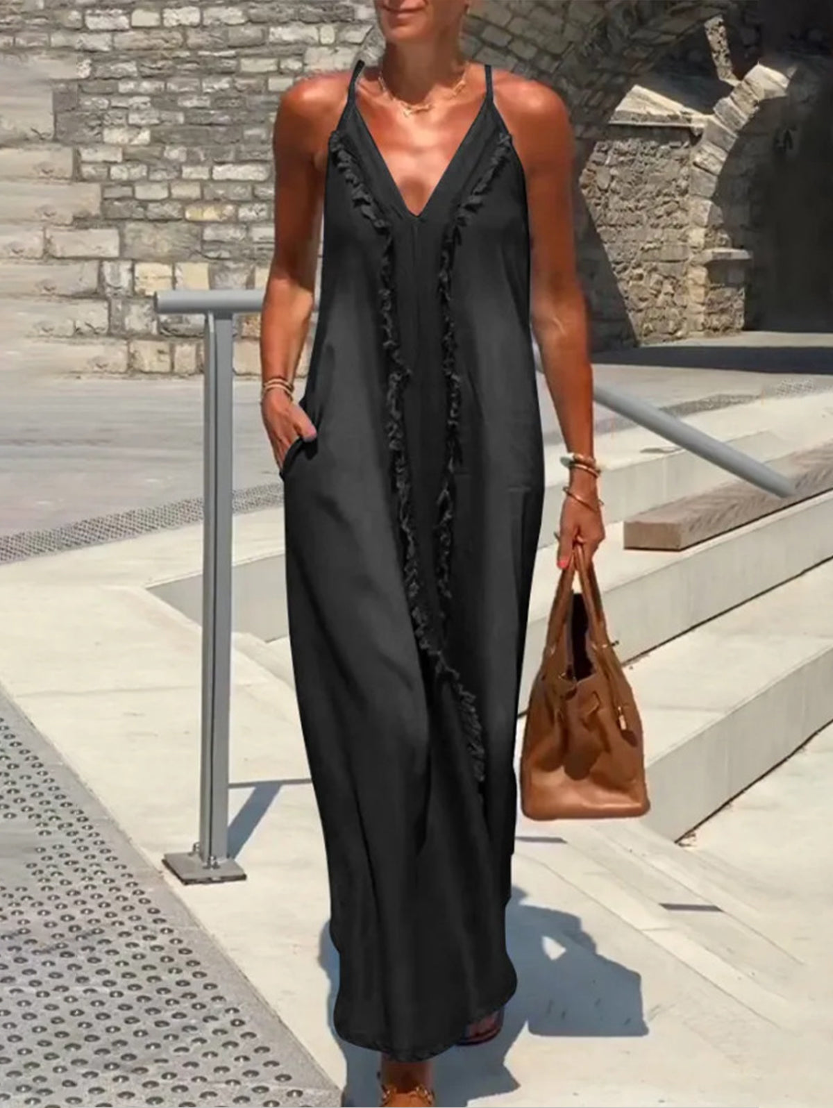 Deep V Neck Spaghetti Strap Frayed Trim Side Pocket Maxi Dress 3