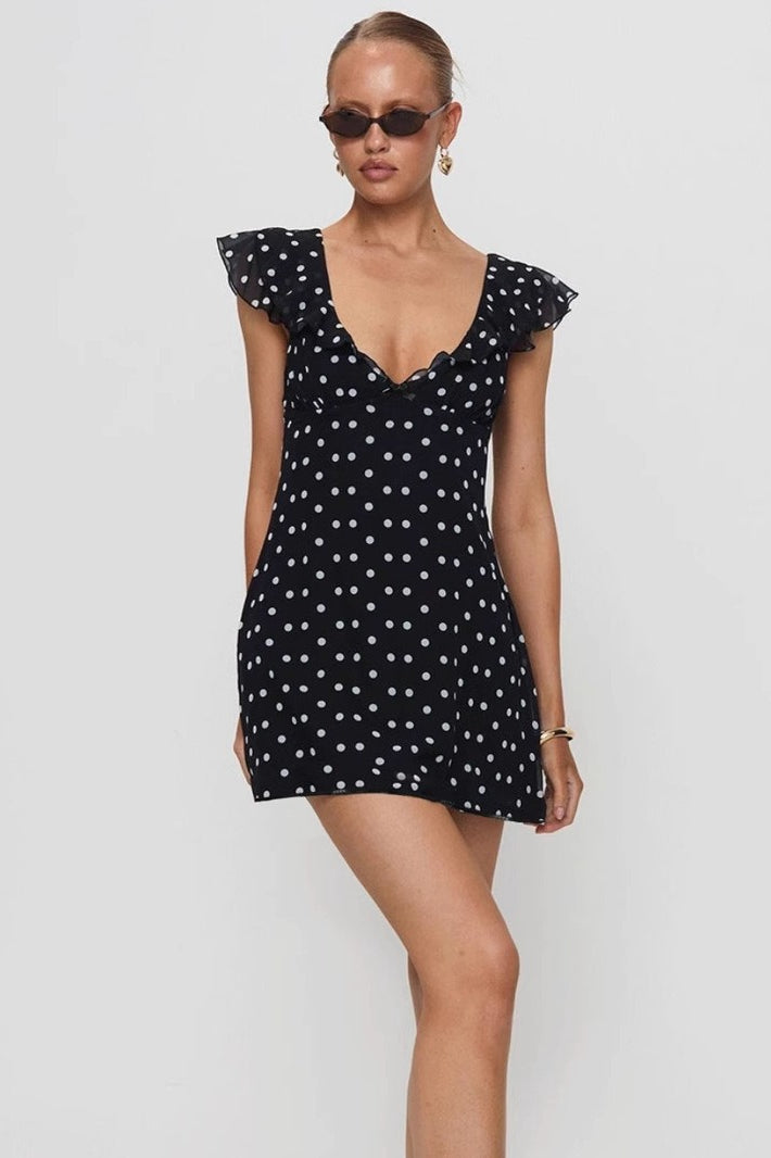 Polka Dot V-Neck Ruffle Trim Flutter Sleeve Fit and Flare Mini Dress 2