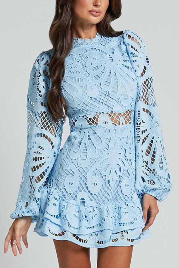 Mock Neck Ruffle Trim Guipure Lace Tiered Mini Dress
