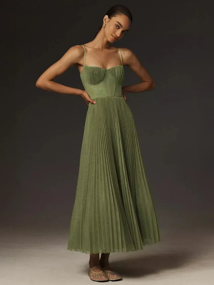 Sweetheart Corset Bodice Spaghetti Strap Accordion Pleated Tulle Midi Dress