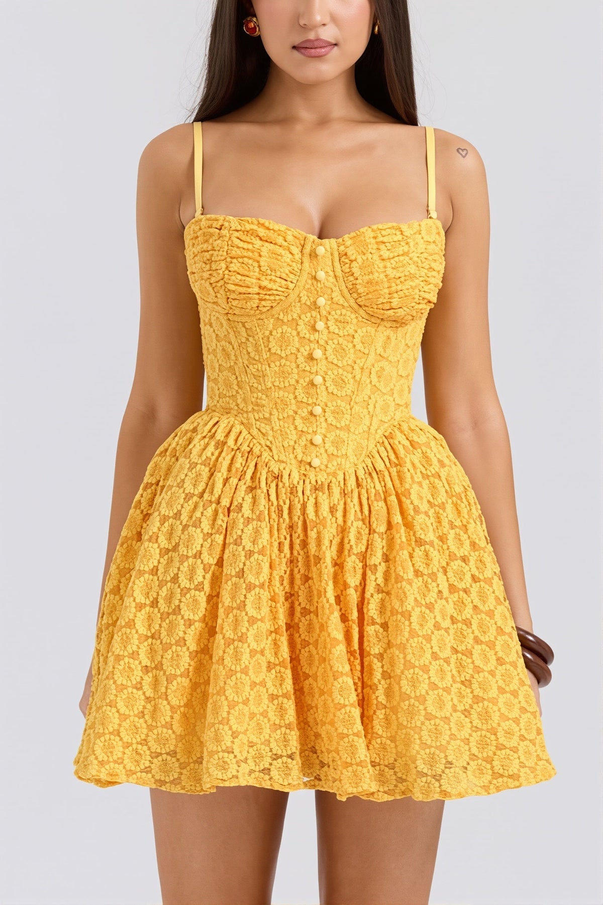Floral Lace Corset Button-Down Sweetheart Spaghetti Strap Fit and Flare Mini Dress