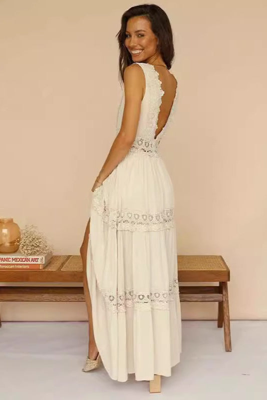 Lace Deep V-Neck Tiered Crochet Waist Boho Summer Maxi Dress 3