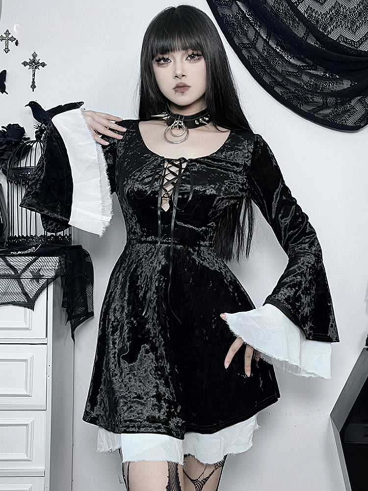 Velvet Lace Up Corset Bell Sleeve Raw Edge Trim Mini Dress