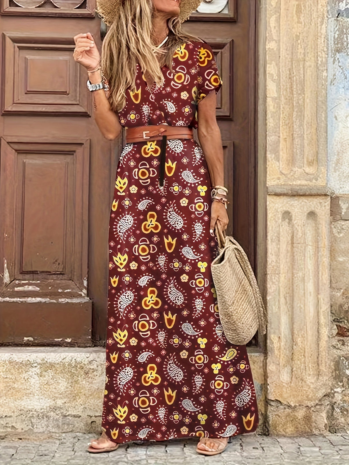 Paisley Print V-Neck Short Sleeve Belted Side Slit Maxi Dress 8