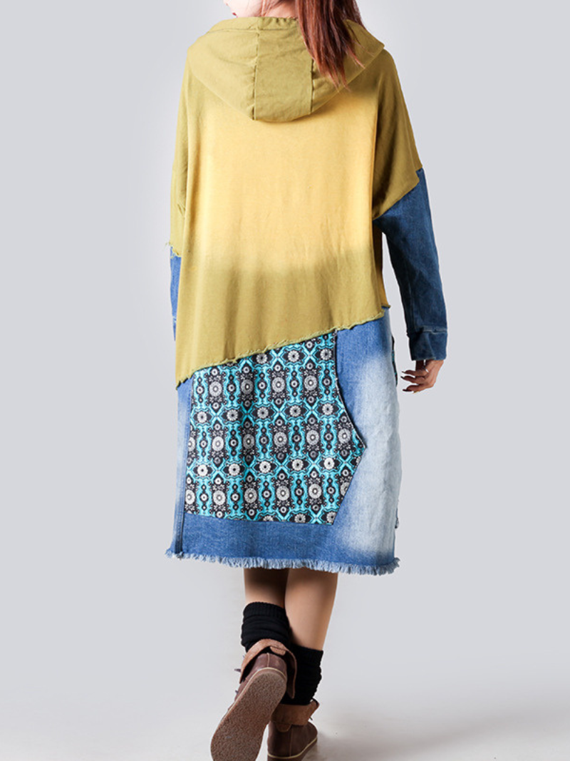 Hooded Long Sleeve Patchwork Denim Jersey Mixed Media High Low Midi Dress 2