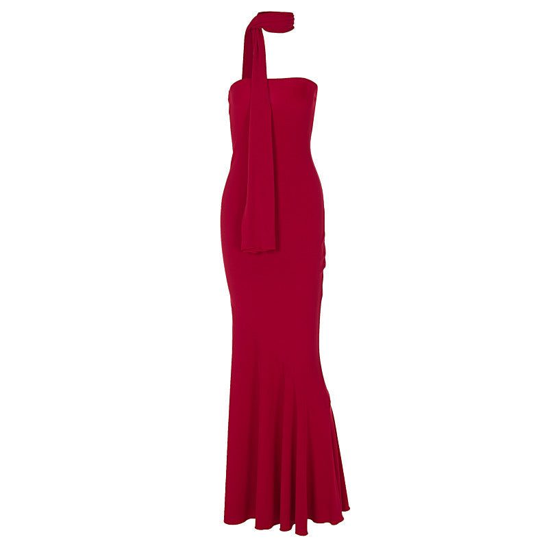 Strapless Ribbed Texture Trumpet Mermaid Matching Scarf Maxi Gown 11