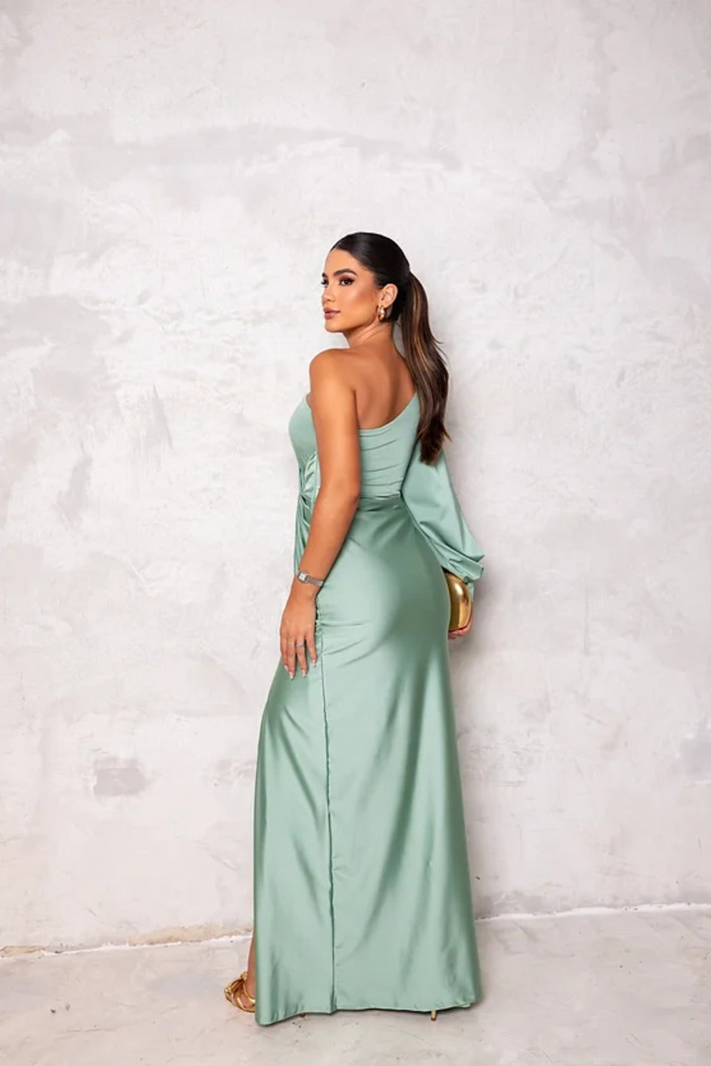 One Shoulder Draped Sleeve Ruched Waist High Slit Satin Maxi Dress 4