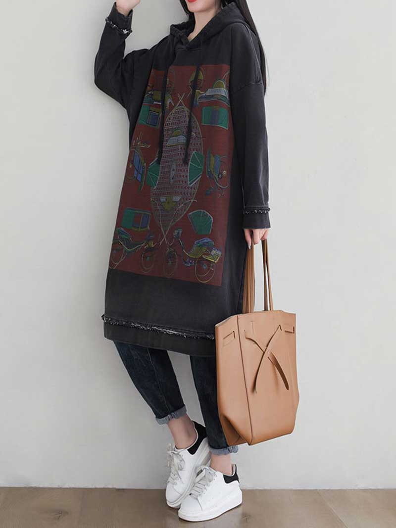 Hooded Drawstring Frayed Hem Graphic Print Oversized Sweatshirt Midi Dress 4